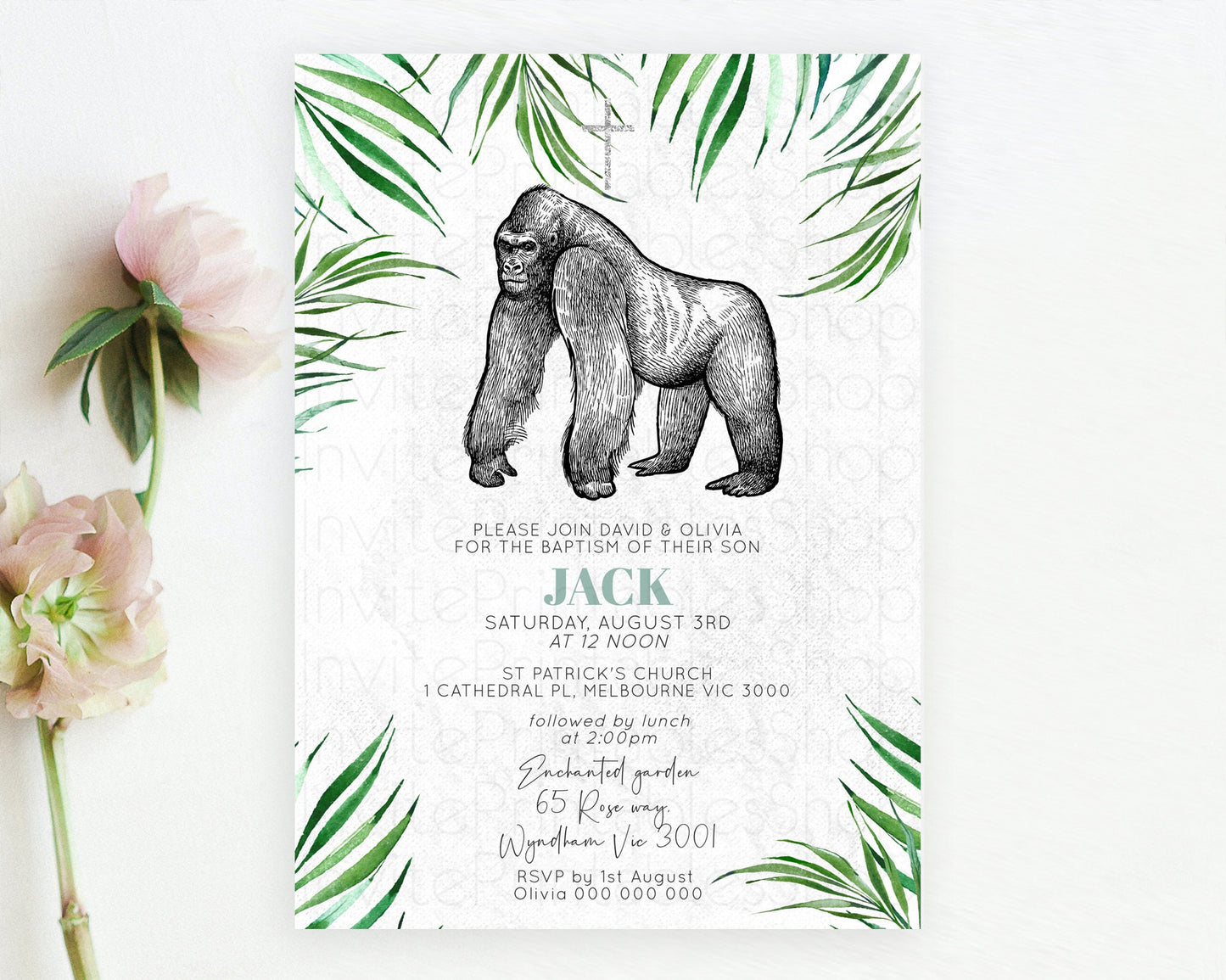 Gorilla Baptism Invitation Gorilla Baptism 1st Birthday Invitation Gorilla Jungle Adventure Christening Invitation Wild Zoo Theme D10846