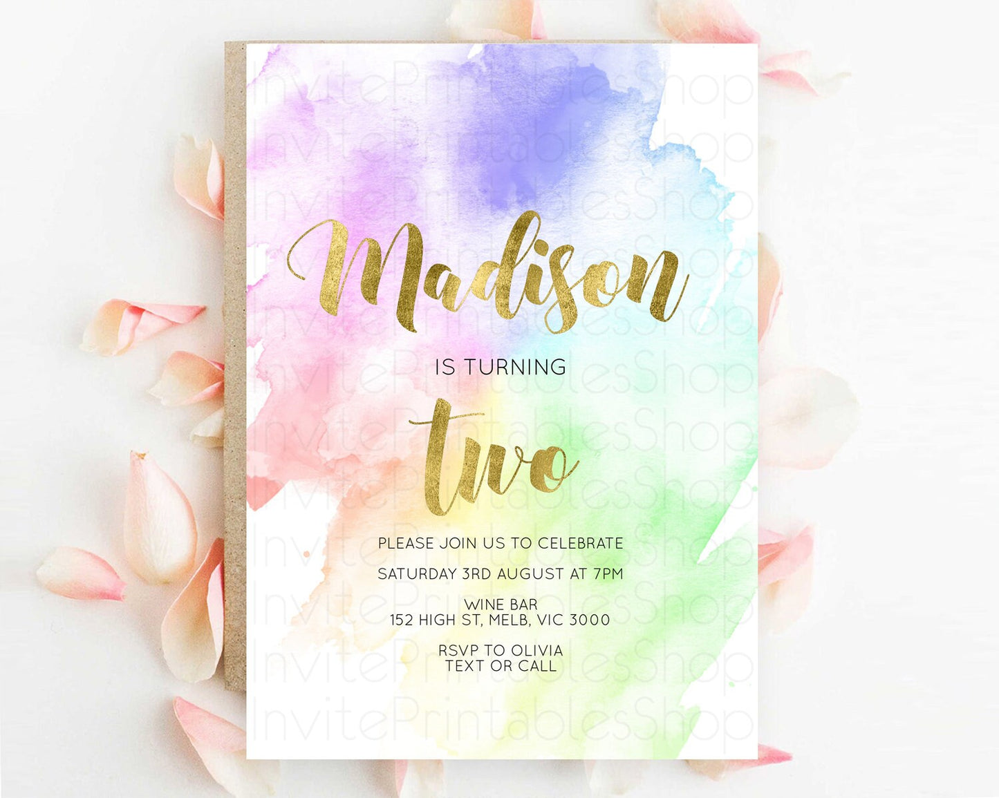 Rainbow Birthday Invitation Colorful Pastel Watercolor Invitation Gold Glitter Sprinkles Ombre Pastel 1st 2nd 3rd Birthday D10876