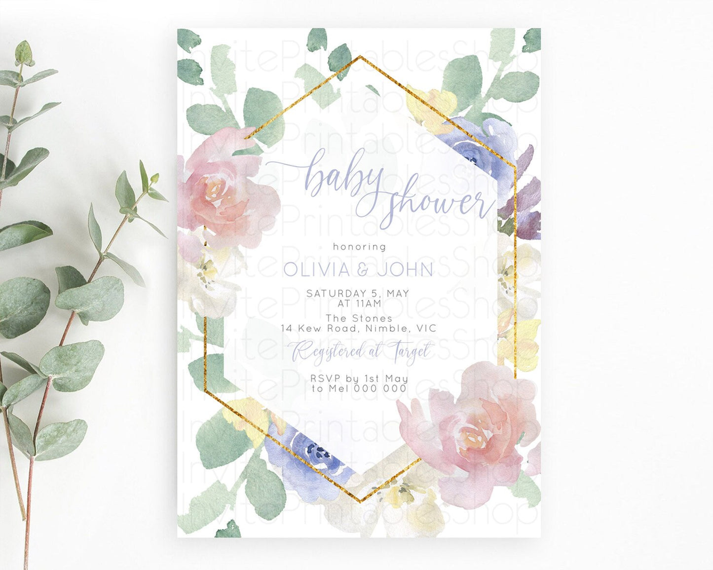 Wildflower Baby Shower Invitation, Secret Garden, Organic Pastel Colors, Flowers in Pink, Blue, Leafy Greens Floral Botanical Theme D10254