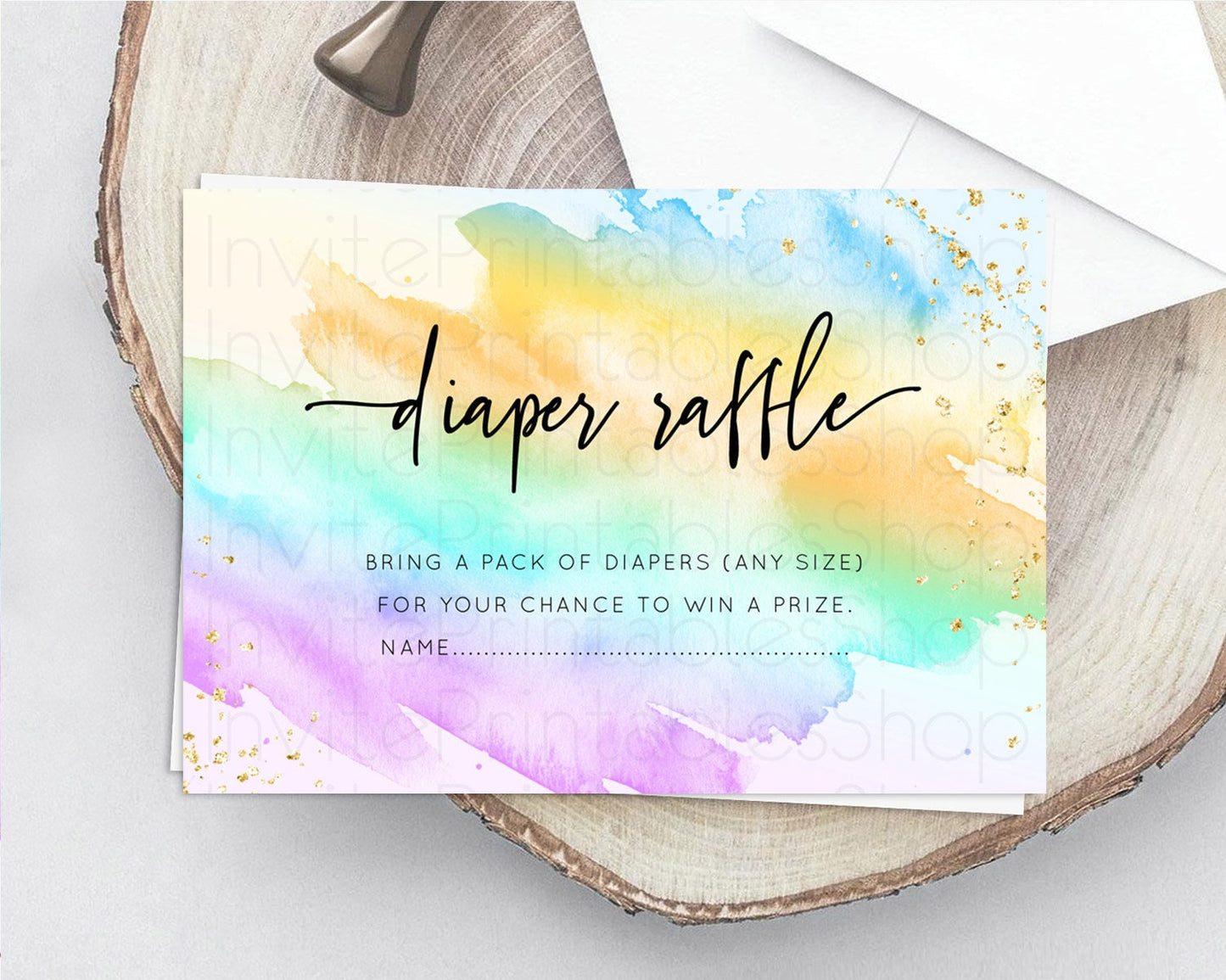 Pastel Diaper Raffle Card Pastel Rainbow Diaper Raffle Insert Colorful Ombre Watercolor Diaper Ticket Confetti Glitter Raffle Game D10425