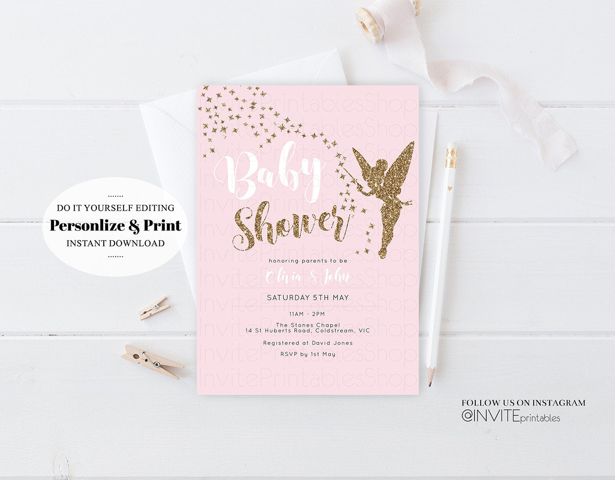 Baby Shower Invitations, Baby Shower Invites, Gold Glitter Invitation, Tinker Bell Invites, Pink Invitation, Glitter, Pastel, Girl Invites