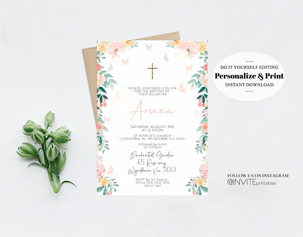 Floral Baptism Invitation Enchanted Garden Christening Invitation Soft Pastel Flowers Butterfly Peony Roses Gold Cross Orthodox Cross