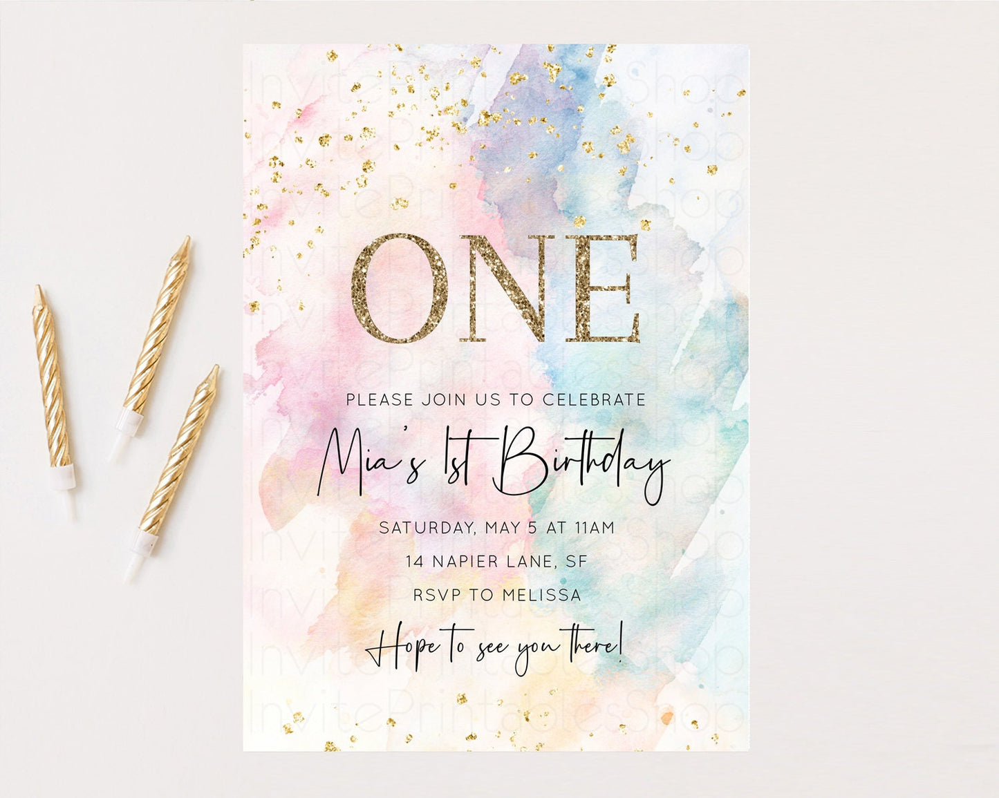 Rainbow Birthday Invitation Pastel Birthday Invitation Ombre Rainbow Invite Colorful Watercolor Invite Glitter Sprinkle 1st 2nd 3rd 276v2