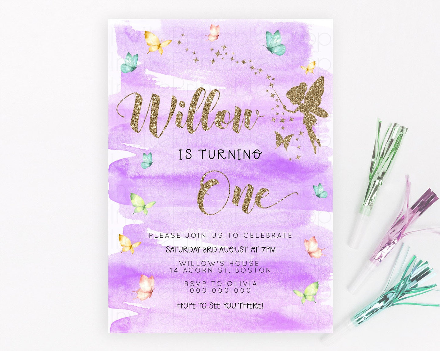 Pastel Fairy Birthday Invitation Pastel Butterflies Fairy Birthday Invitation Rainbow Ombre Watercolor 1st 2nd Birthday Invitation D23327