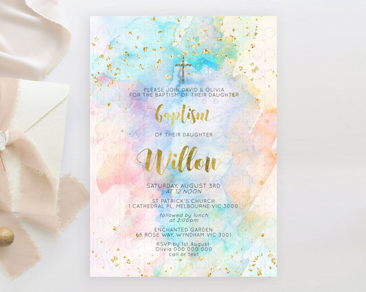 Pastel Baptism Invitation Pastel Colors Watercolor Baptism 1st Birthday Party Gold Ombre Pastel Rainbow Christening Holy Communion D10272