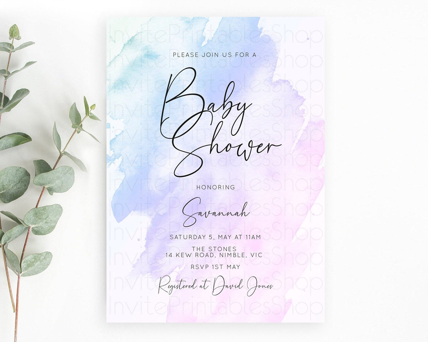 Purple Baby Shower Invitation Purple Watercolor Baby Shower Invitation Pastel Purple Watercolor Invitation Purple Splash Invitation D10165