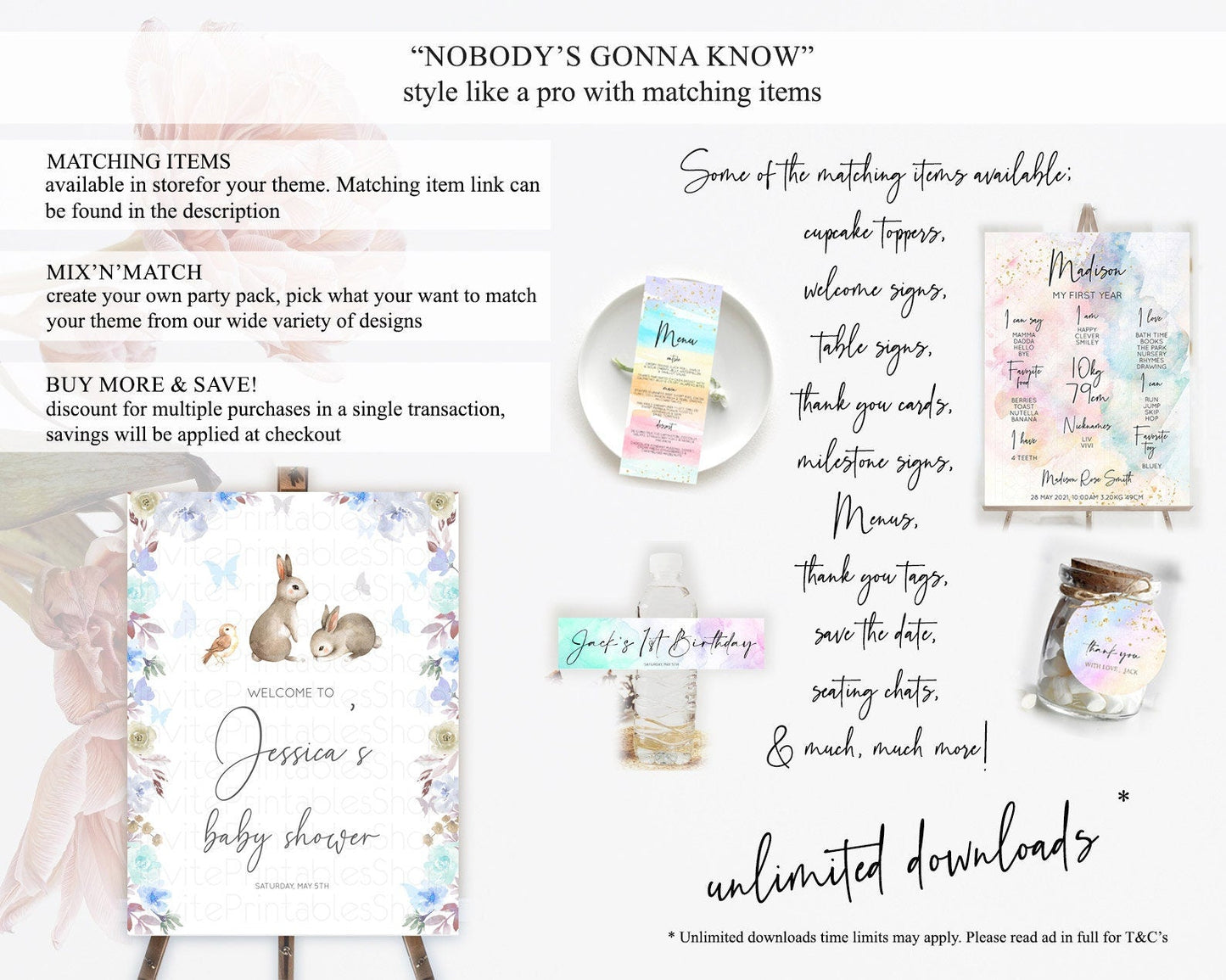Bunny Baby Shower Welcome Sign Floral Bunny Welcome Board Pastel Flowers Woodland Bunny Welcome Poster Forest Bunny Welcome Sign D10927