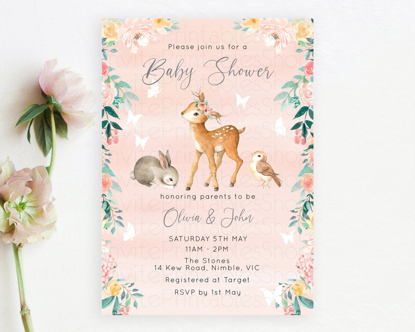 Enchanted Forest Baby Shower Invitation Baby Fawn Invitation Forest Animals, Pastel Deer, Butterflies, Whimsical Pink Orange Flowers D10921