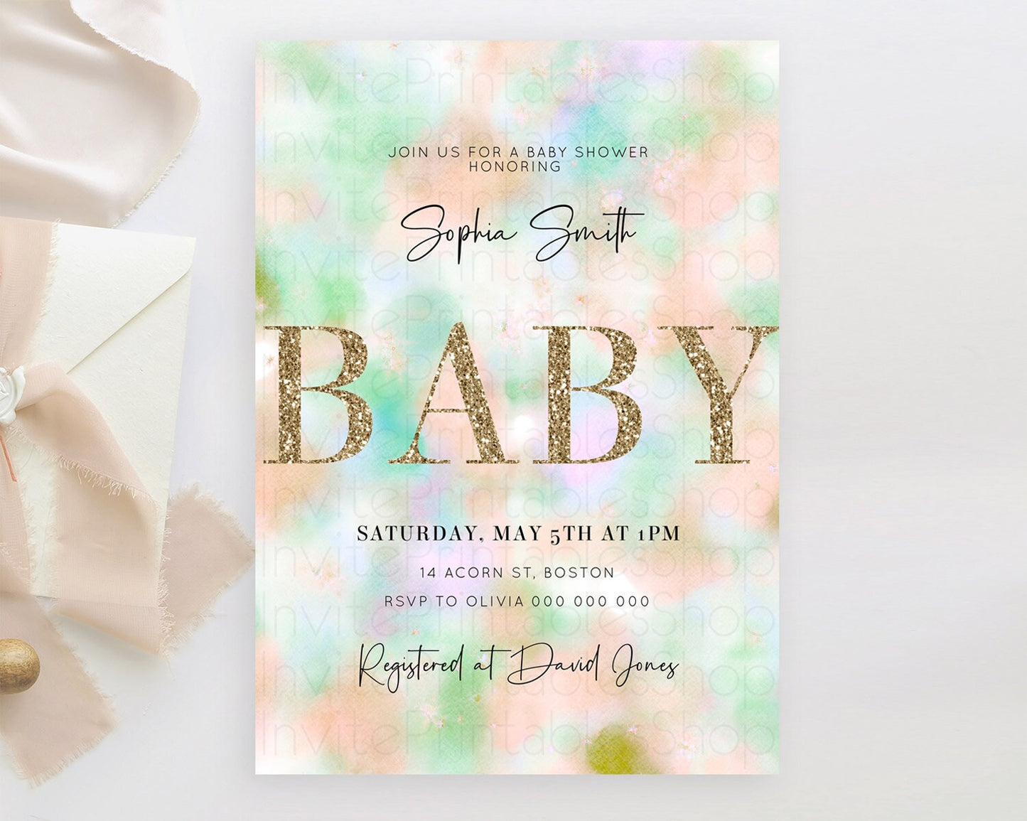 Watercolor Baby Shower Invitation, Pastel Orange and Green Tie Dye, Clouds, Gold Glitter Sprinkles, Rainbow, Colorful Pastel Ombre D10693