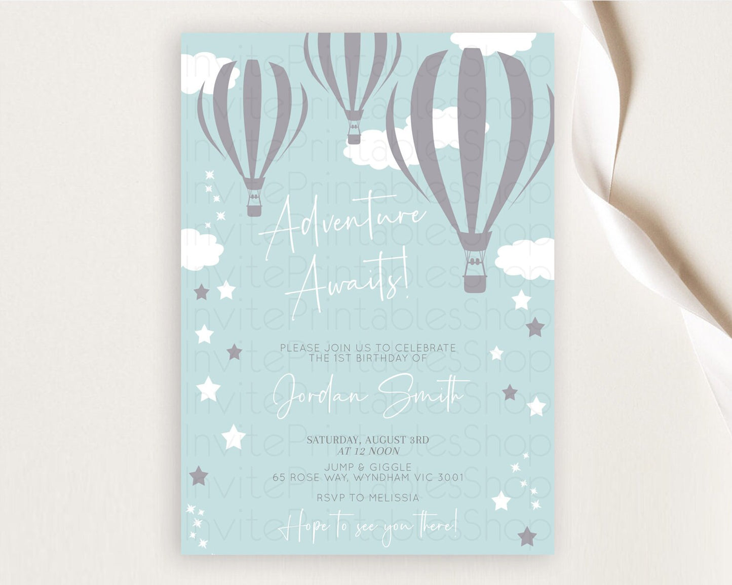 Hot Air Balloon Birthday Invitation Hot Air Balloon Invites Adventure Awaits Up Up & Away Glitter Blue Watercolor 1st Birthday Boy D10324