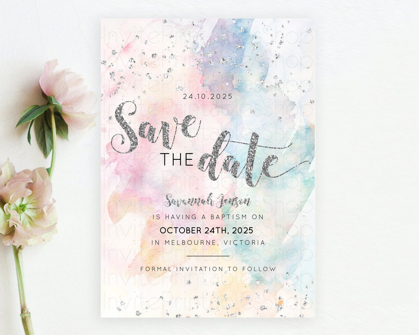 Pastel Silver Save The Date Template Rainbow Colorful Ombre Colorful Watercolor Party 1st Birthday Baptism Baby Shower Bridal Shower D10944