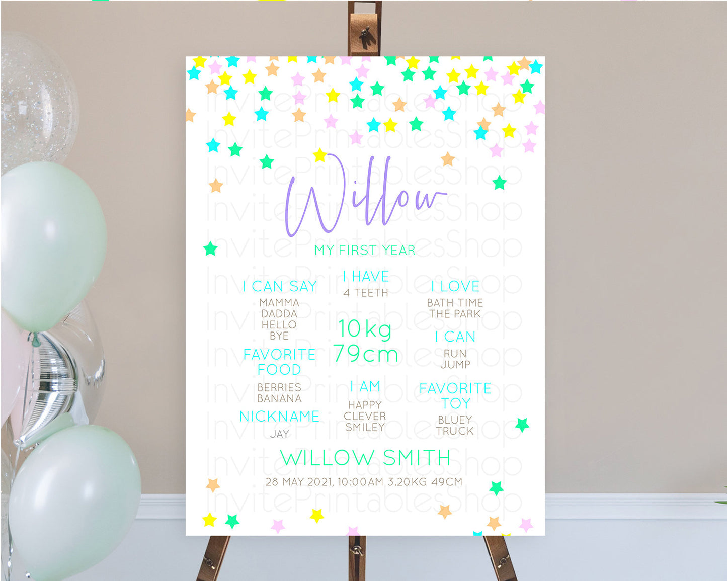 Star First Birthday Milestone Poster Pastel Stars Milestone Shooting Star Rainbow Colorful Confetti Twinkle Little Star 1st Birthday D10397