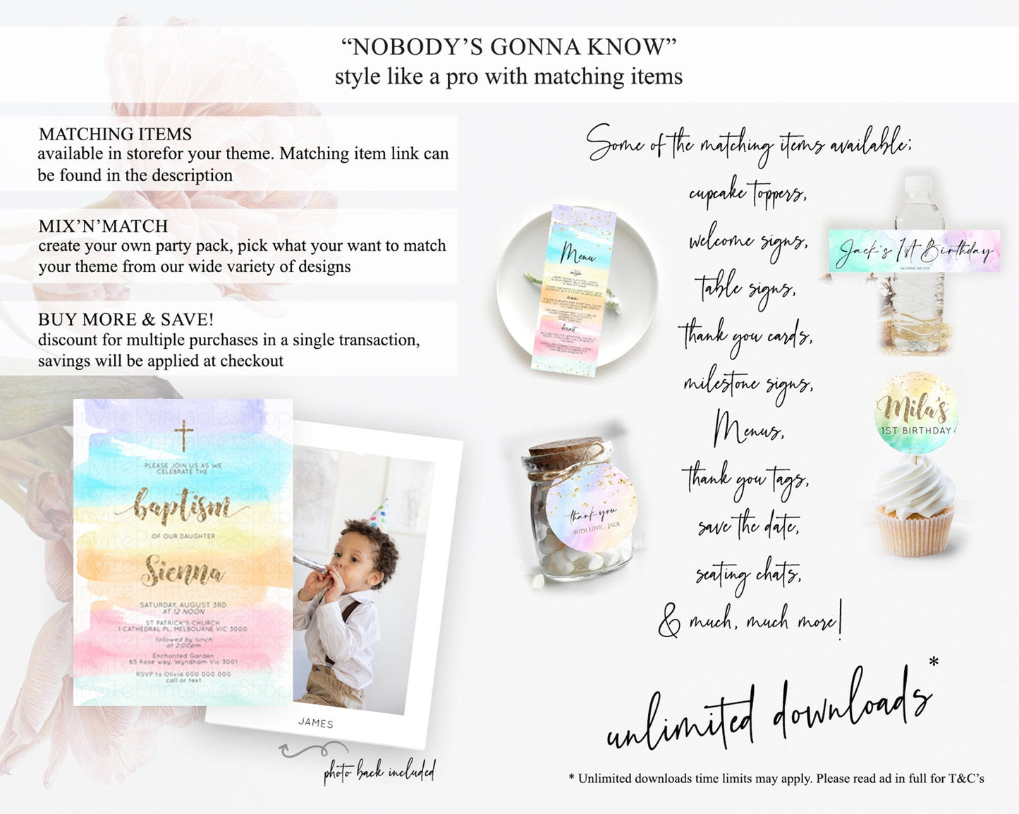 Pastel Baptism Invitation Pastel Colors Watercolor Baptism 1st Birthday Party Gold Ombre Pastel Rainbow Christening Holy Communion D10508