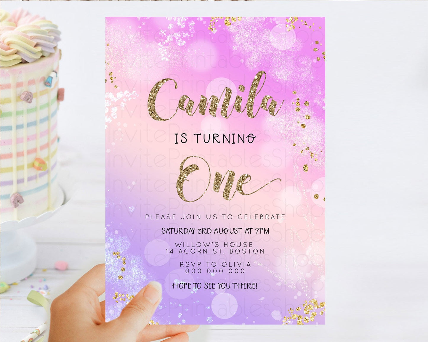 Rainbow Birthday Invitation Colorful Pastel Watercolor Invitation Gold Glitter Sprinkles Ombre Pastel 1st 2nd 3rd Birthday D23128