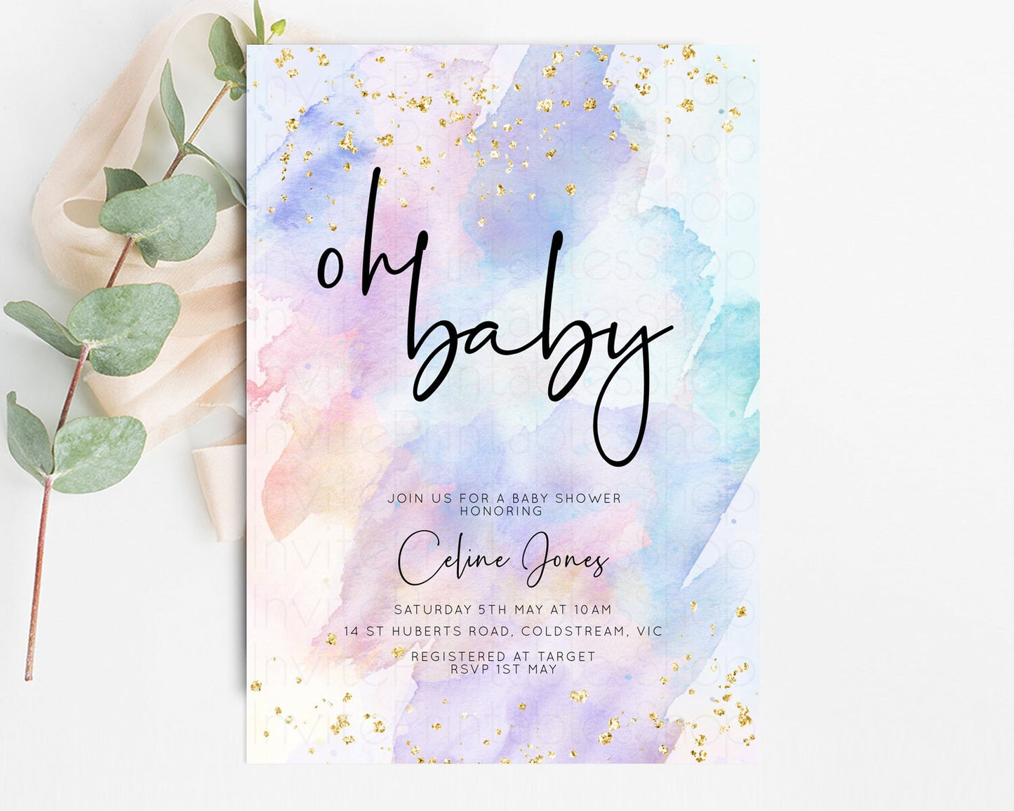 Rainbow Baby Shower Invitation Watercolor Pastel Invitation Colorful Splash Baby Invite Gold Glitter Sprinkles Ombre Gender Reveal t576