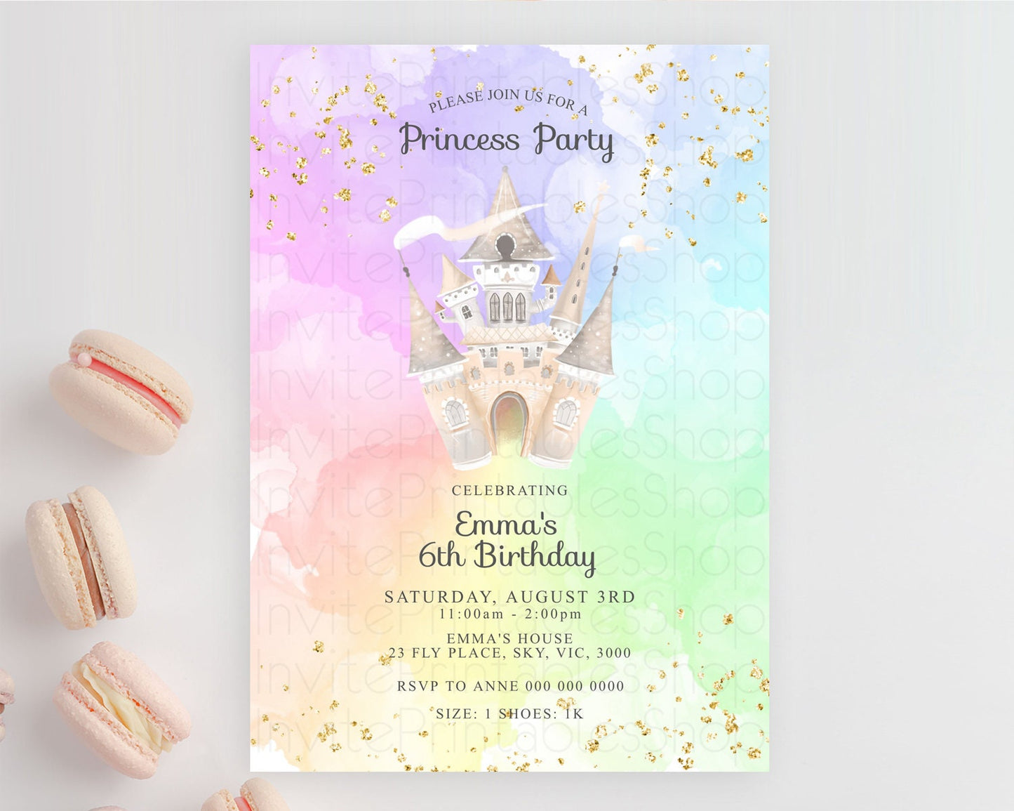 Princess Birthday Invitation Princess Invitation Pastel Invitation Royal Birthday Rainbow Color Enchanted Castle 1st First Birthday D10683