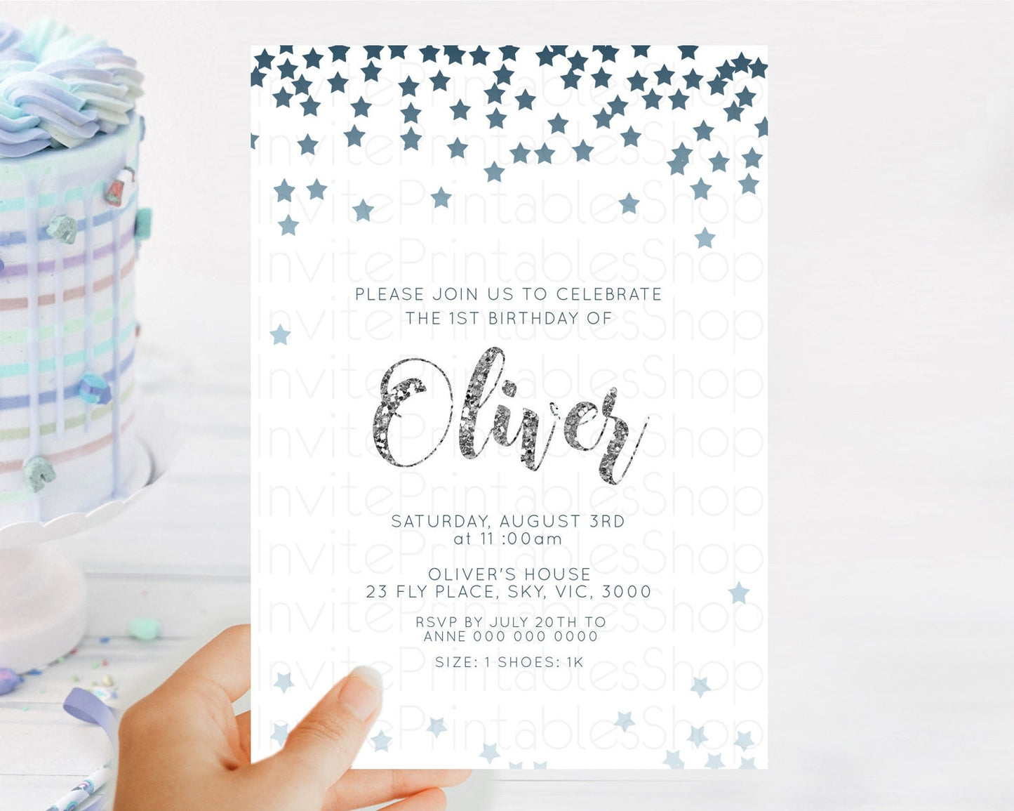 Star Birthday Invitation Pastel Stars Invite Shooting Star Party Rainbow Colorful Confetti Twinkle Little Star 2nd First Birthday D10330