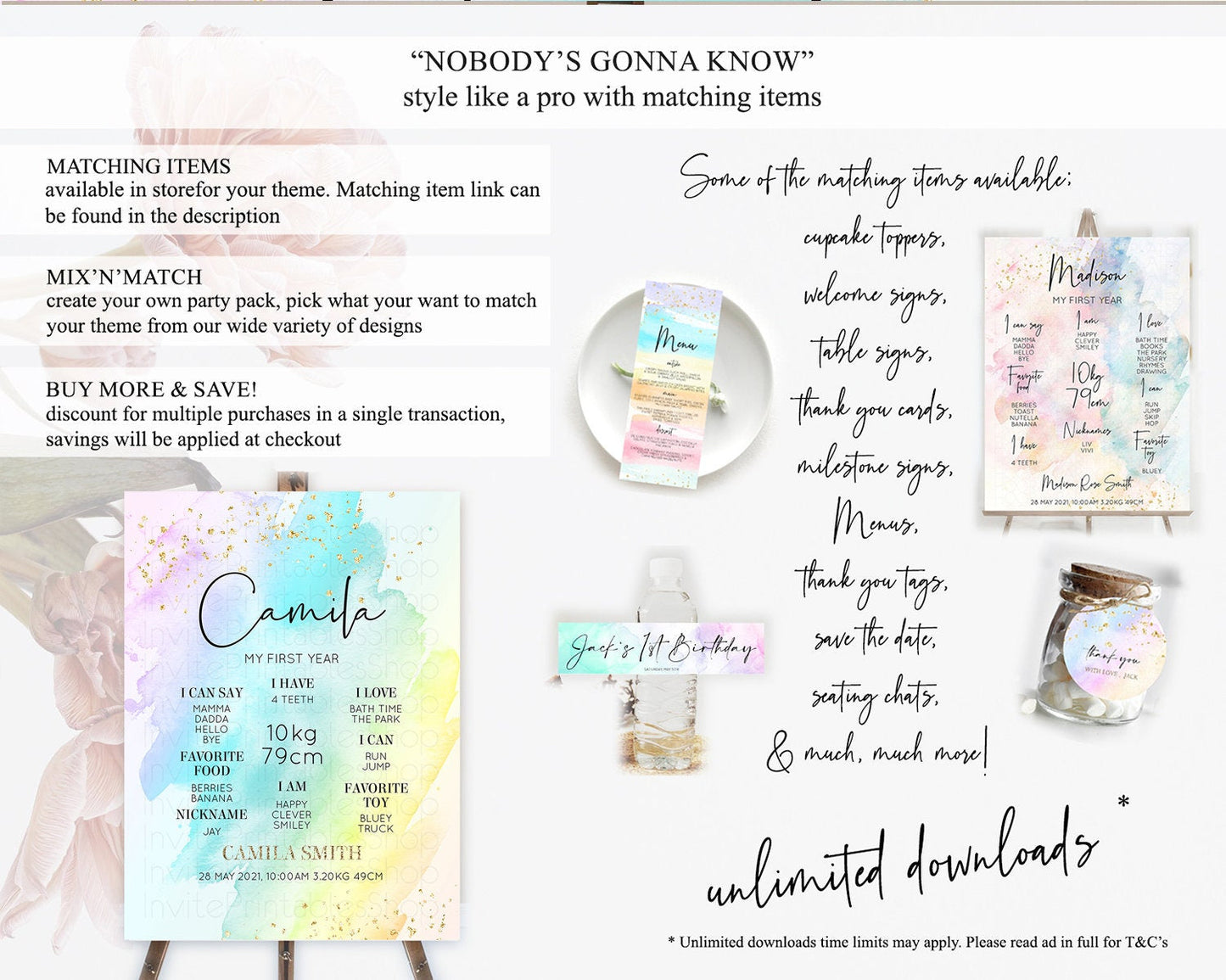 Pastel First Birthday Milestone Board Pastel Rainbow Milestone Poster Colorful Confetti Watercolor Glitter 1st Birthday Welcome Sign D10171