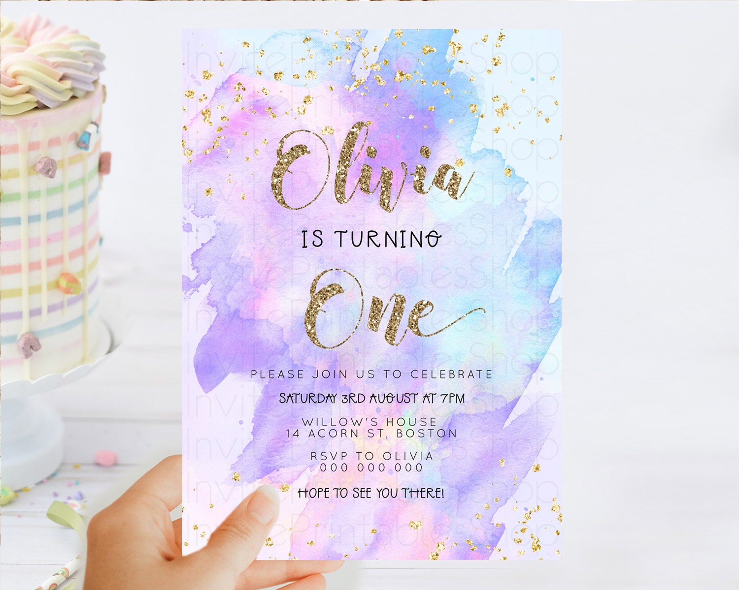 Editable Rainbow Birthday Invitation Colorful Pastel Watercolor Invitation G