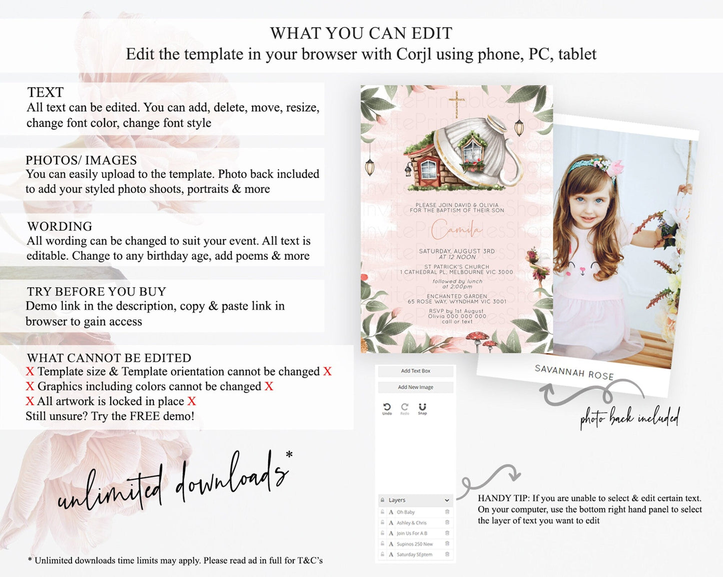 Fairy Baptism Invitation Fairy Baptism 1st Birthday Invitation Enchanted Secret Garden Christening Invite Pastel Floral Butterfly D10563