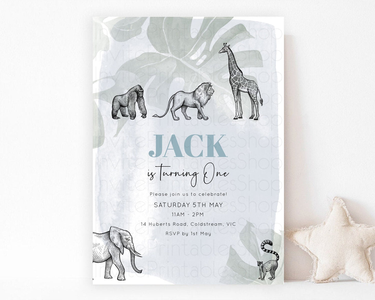 Safari Birthday Invitation Lion Gorilla Elephant Rhino Tropical Palm Jungle Safari Adventure Zoo Party Animal 2nd 1st First Birthday D10821
