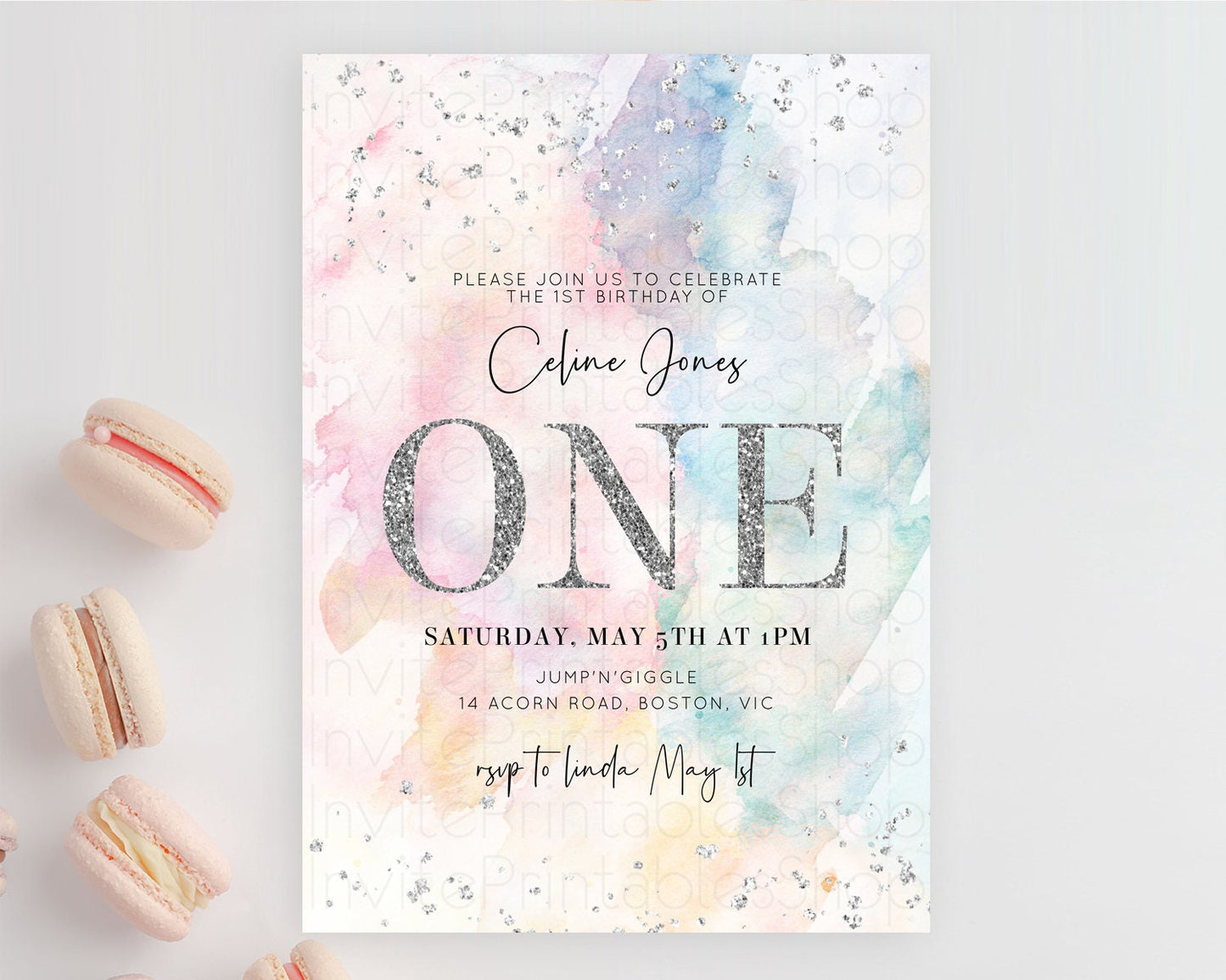 Rainbow Birthday Invitation Colorful Pastel Watercolor Silver Glitter Sprinkles Ombre Pastel Invitation 1st 2nd 3rd First Birthday D10945