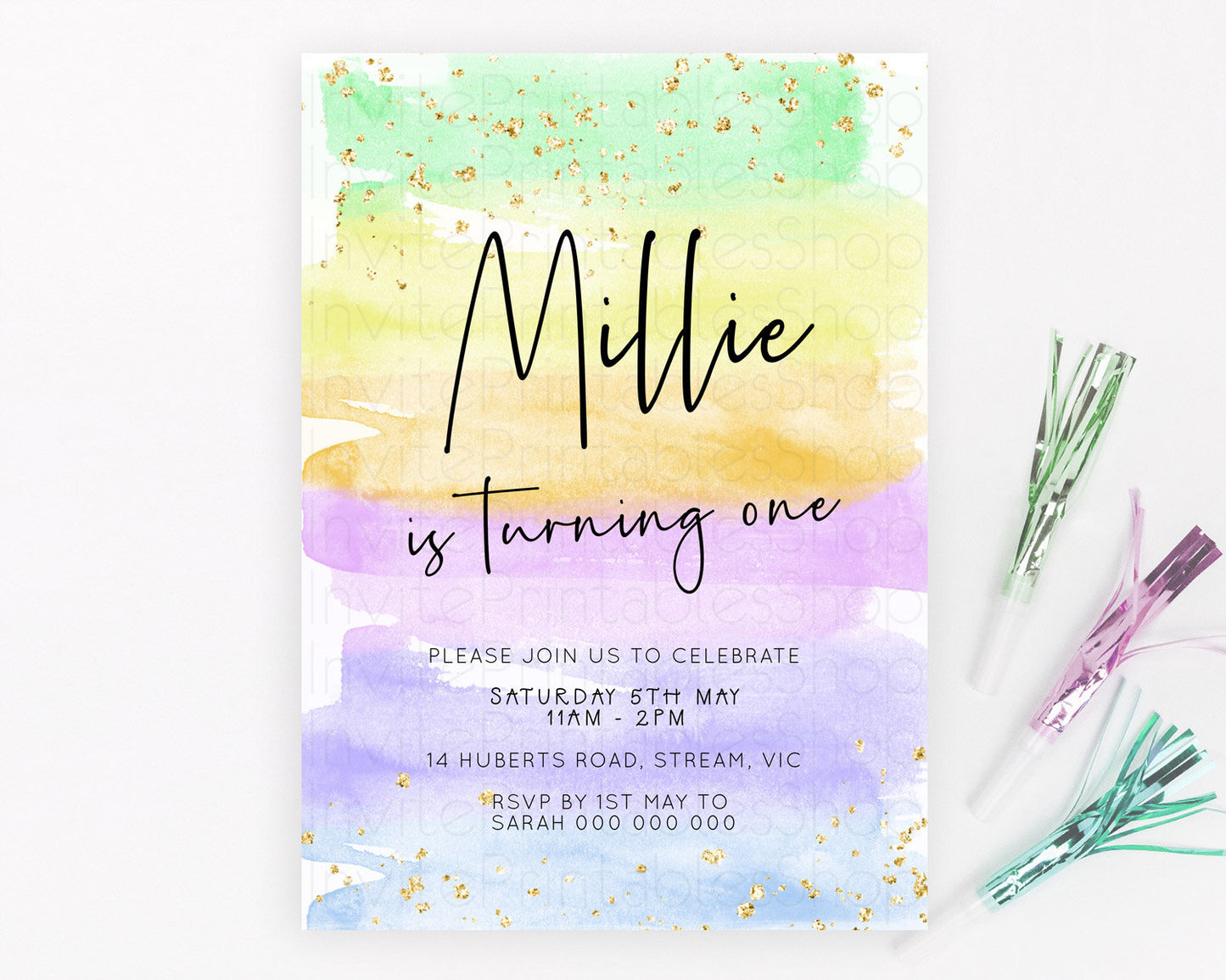 Pastel Birthday Invitation Ombre Watercolor Birthday Invitation Glitter Rainbow Color Splash 1st 2nd 3rd Birthday Invitation D23044