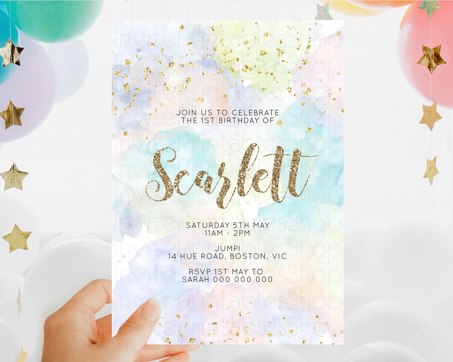 Rainbow Birthday Invitation Colorful Pastel Watercolor Invitation Gold Glitter Sprinkles Ombre Pastel 1st 2nd 3rd Birthday D10614