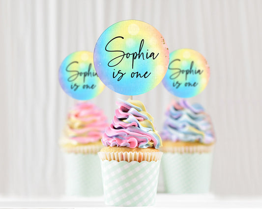 Editable Rainbow Cupcake Toppers Pastel Cupcake Toppers Colorful Pastel Wate