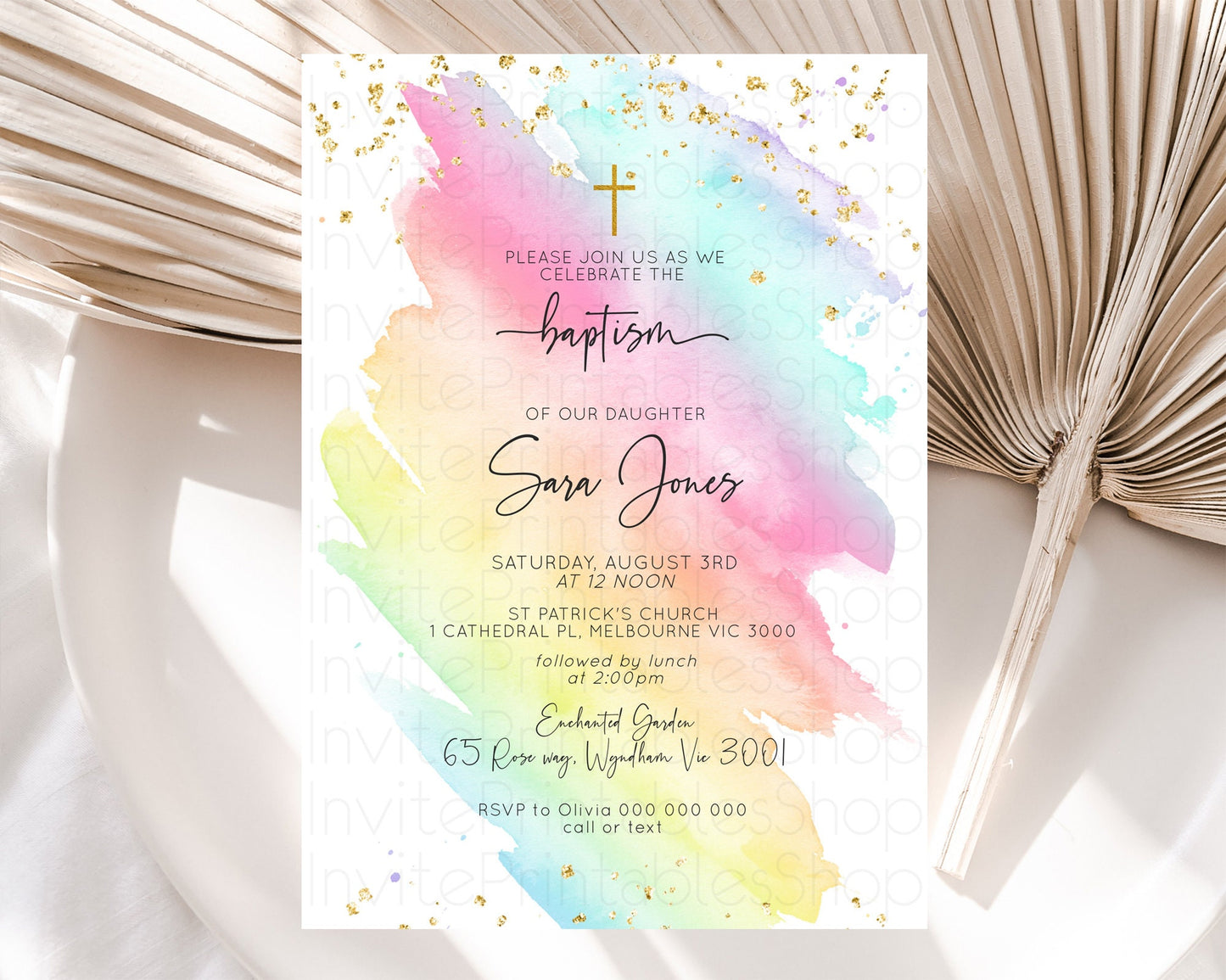 Pastel Baptism Invitation Pastel Colors Watercolor Baptism 1st Birthday Party Gold Ombre Pastel Rainbow Christening Holy Communion D10495