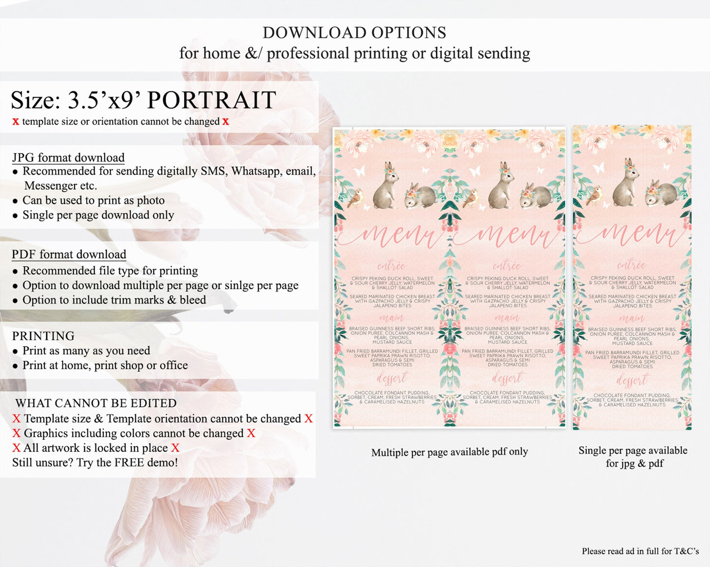 Bunny Menu Floral Bunny Menu Template Pastel Flowers Bunny Table Decor Secret Garden Bunny Dinner Dessert Menu Party Food Menu D10922