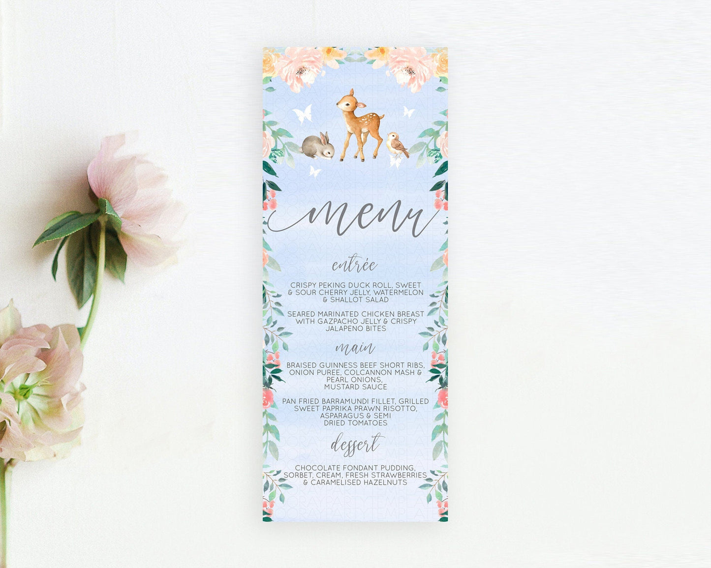 Fawn Menu Deer Menu Template Pastel Floral Deer Table Decor Enchanted Forest Butterfly Floral Dinner Dessert Menu Party Food Menu D10920