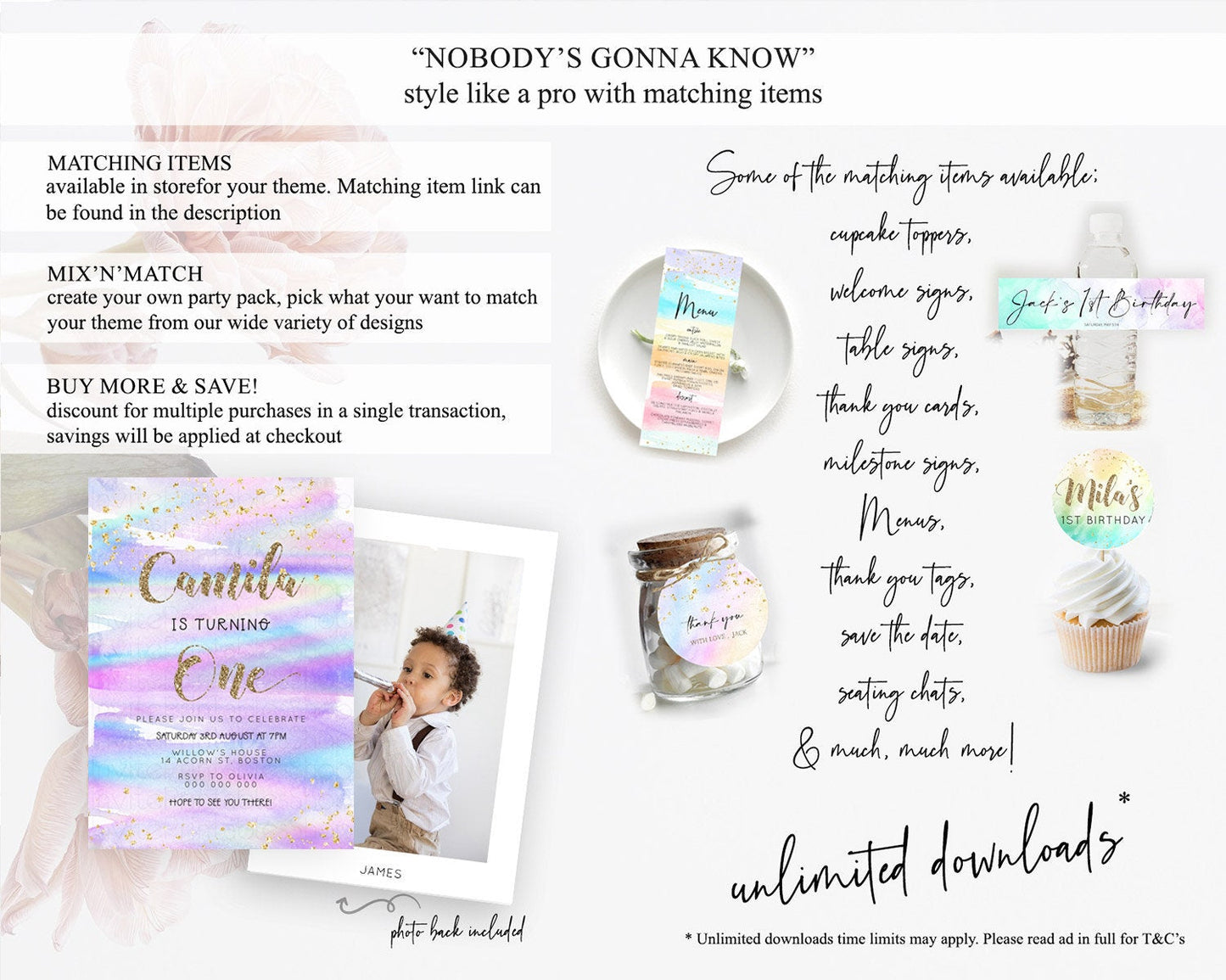 Rainbow Birthday Invitation Colorful Pastel Watercolor Invitation Gold Glitter Sprinkles Ombre Pastel 1st 2nd 3rd Birthday D23262