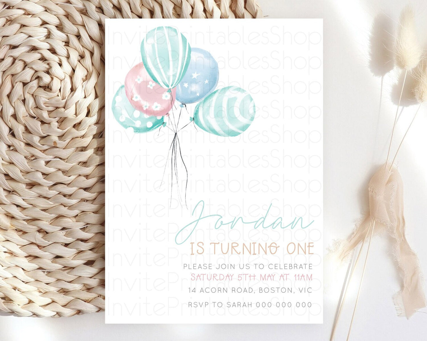 Balloon Birthday Invitation Pastel Birthday Invitation Pastel Balloon Invites Colorful Pastel Rainbow Balloon 3rd 2nd First Birthday D22997