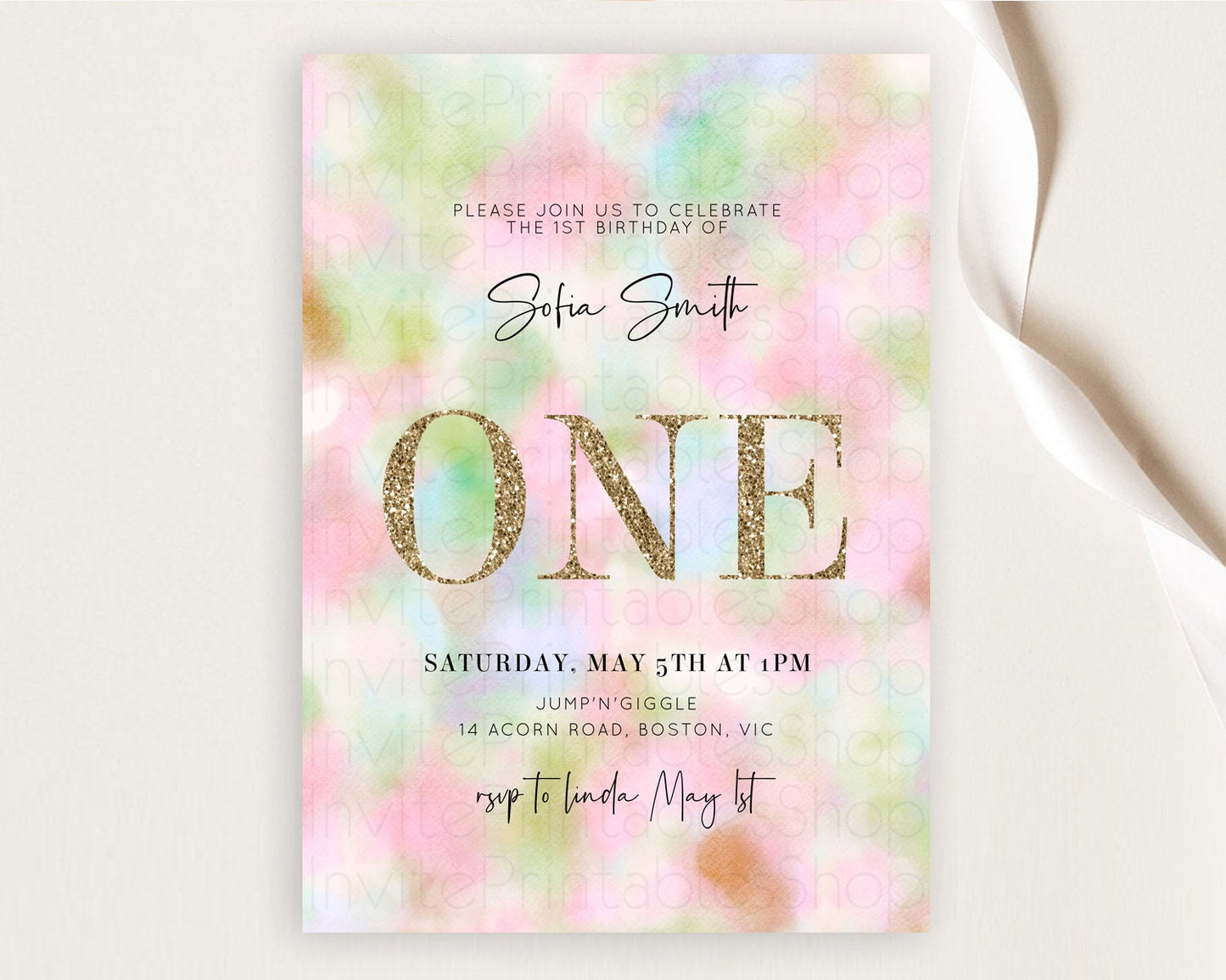 Rainbow Birthday Invitation Colorful Pastel Watercolor Invitation Gold Glitter Sprinkles Ombre Pastel 1st 2nd 3rd Birthday D10698