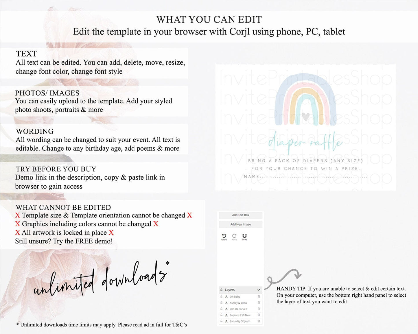 Pastel Rainbow Diaper Raffle Card Boho Rainbow Diaper Insert Boho Rainbow Diaper Ticket Pastel Watercolor Baby Shower Raffle Game D10214