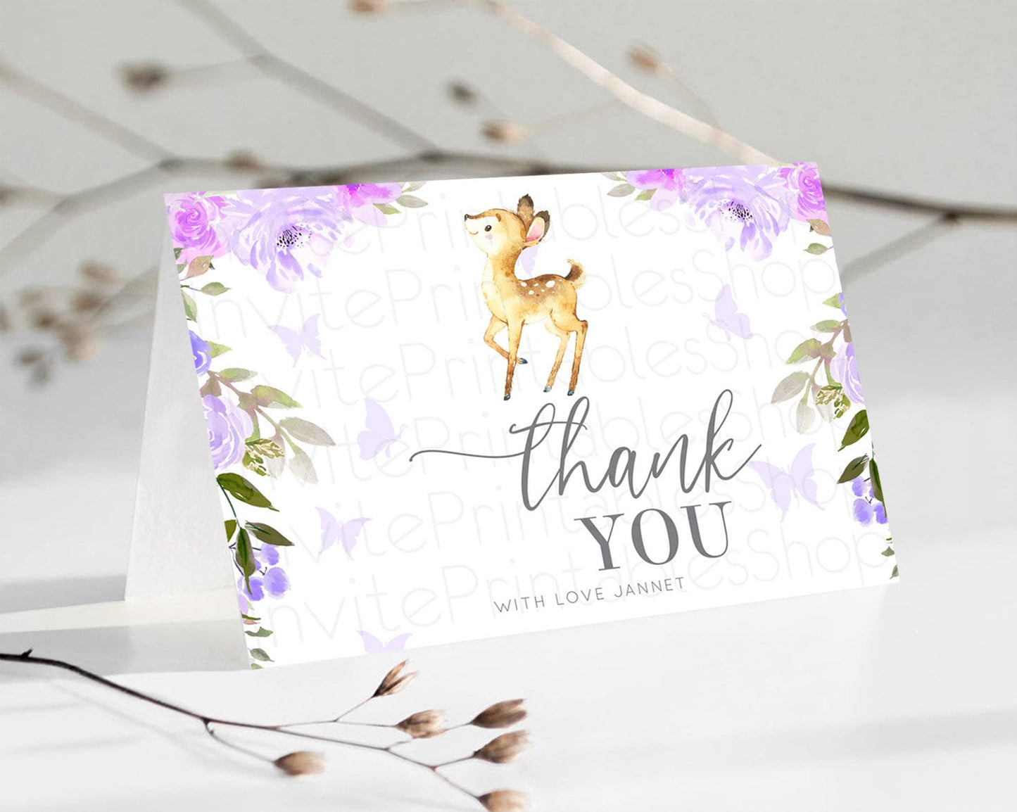 Editable Fawn Thank You Deer Thank You Card Pastel Floral Deer Birthday Than