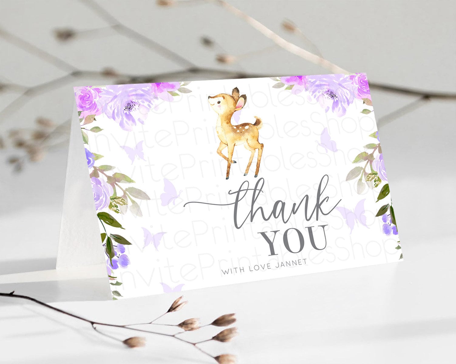 Editable Fawn Thank You Deer Thank You Card Pastel Floral Deer Birthday Than
