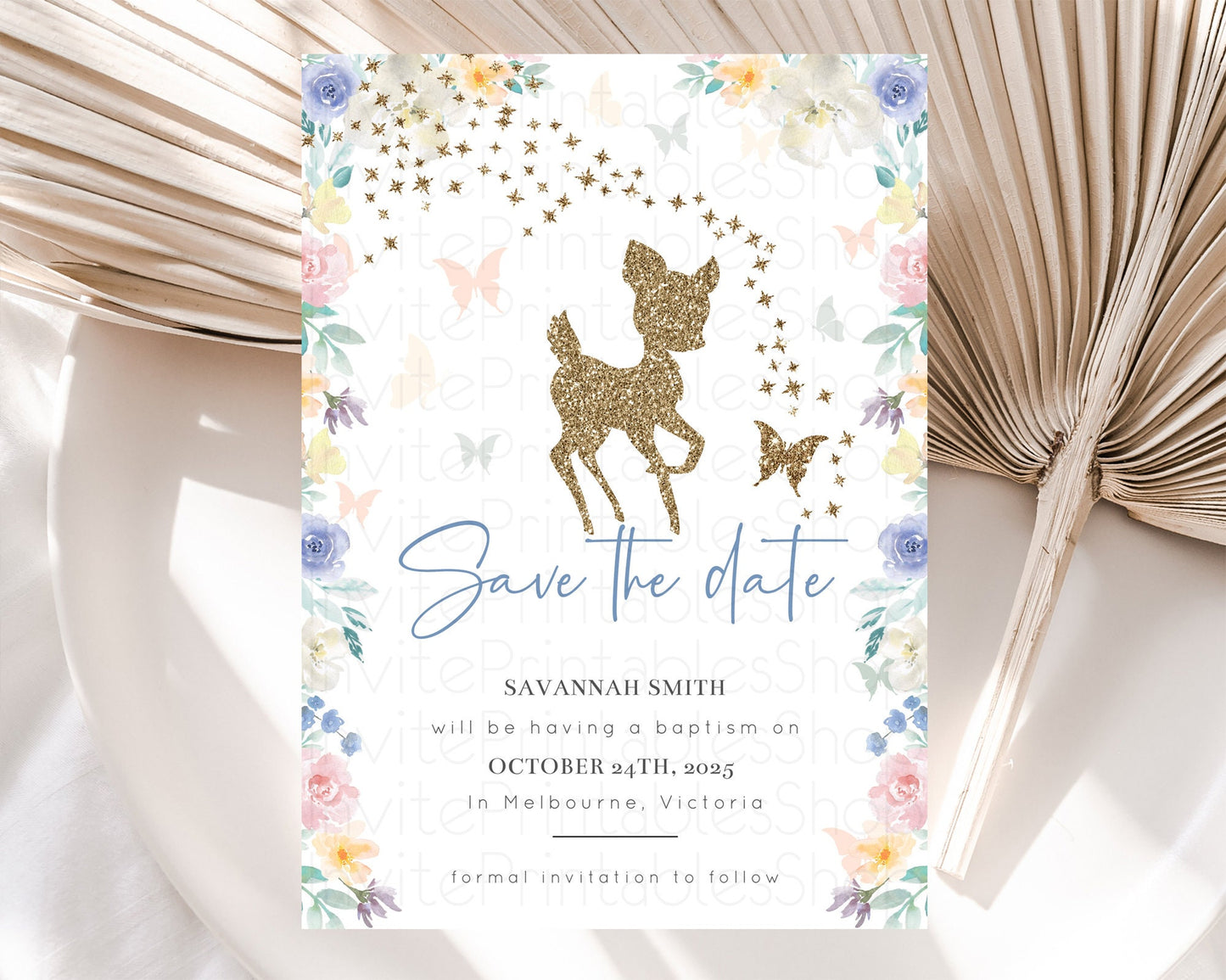 Fawn Deer Save The Date Template Pastel Floral Deer Enchanted Forest Butterfly Party 1st Birthday Baptism Baby Shower Bridal Shower D10878