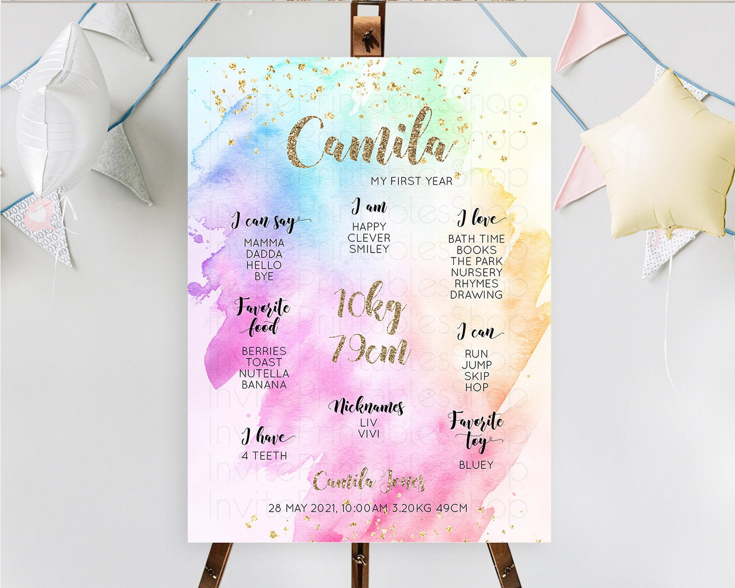 Pastel First Birthday Milestone Board Pastel Rainbow Milestone Poster Colorful Confetti Watercolor Glitter 1st Birthday Welcome Sign D10450