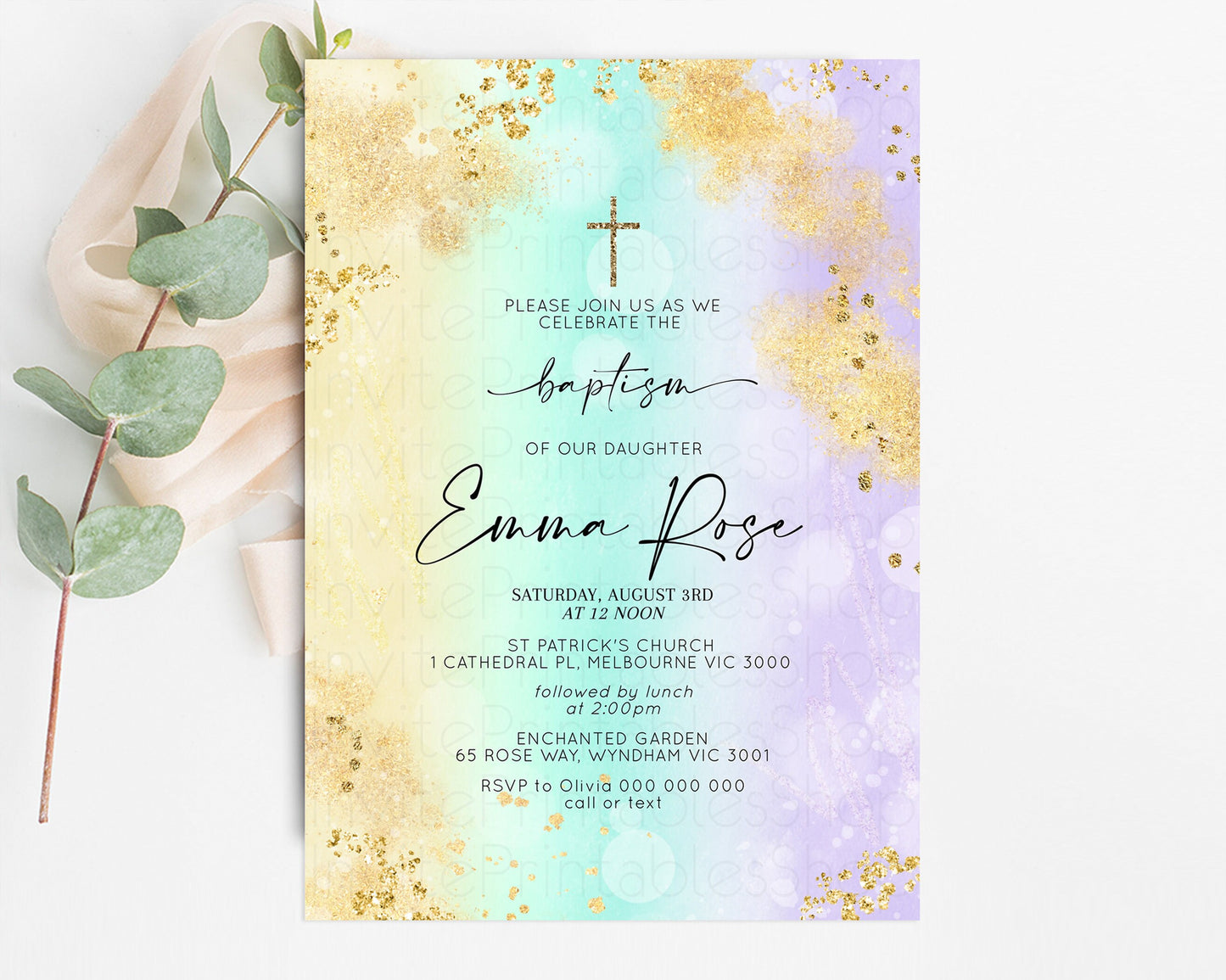 Pastel Baptism Invitation Rainbow Christening Invitation Holy Communion Invite Baptism 1st Birthday Sprinkles Ombre Watercolor Splash 706