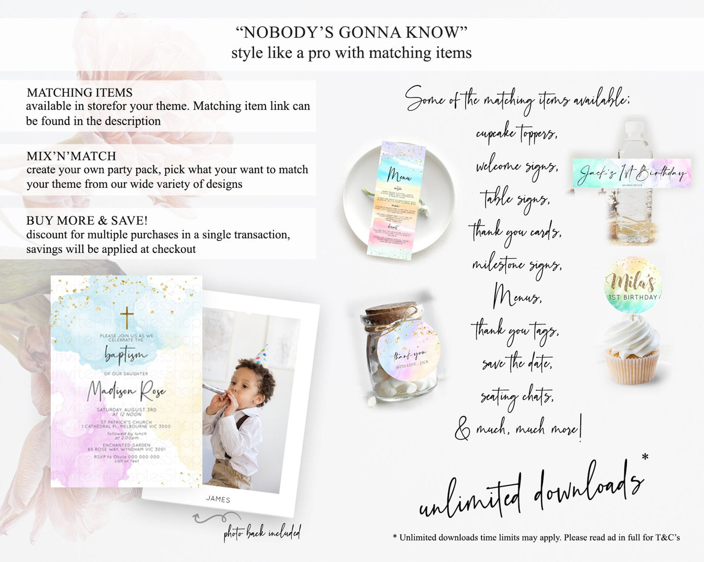 Pastel Baptism Invitation Pastel Colors Watercolor Baptism 1st Birthday Party Gold Ombre Pastel Rainbow Christening Holy Communion D10155