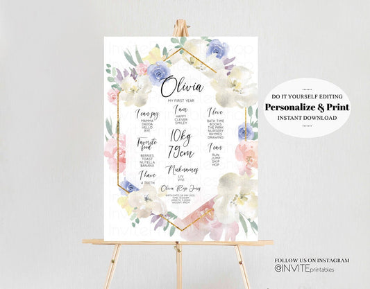Editable Floral Pastel Baby Milestone Board First Birthday Poster Welcome Bo