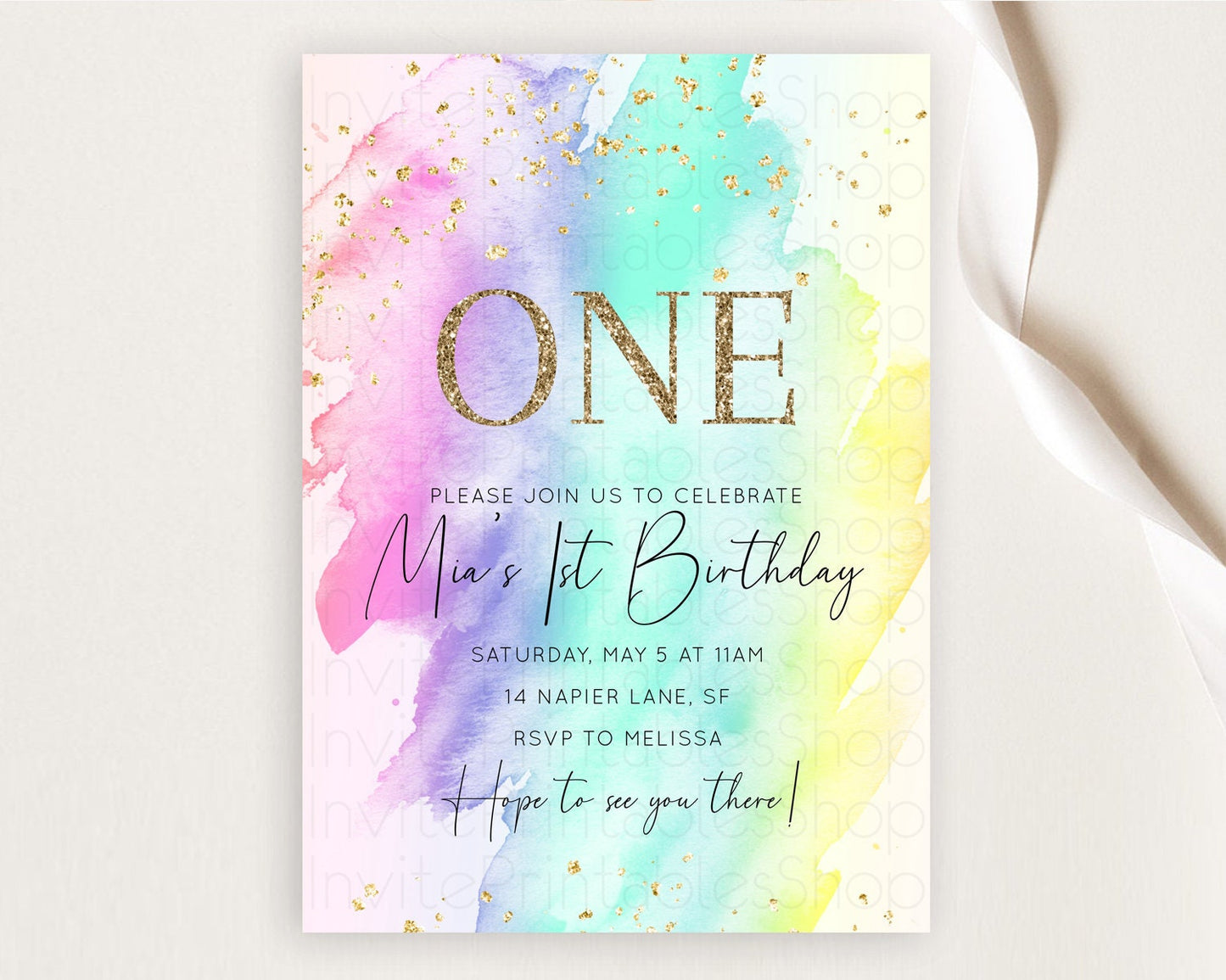 Rainbow Birthday Invitation Colorful Pastel Watercolor Invitation Gold Glitter Sprinkles Ombre Pastel 1st 2nd 3rd Birthday D10231