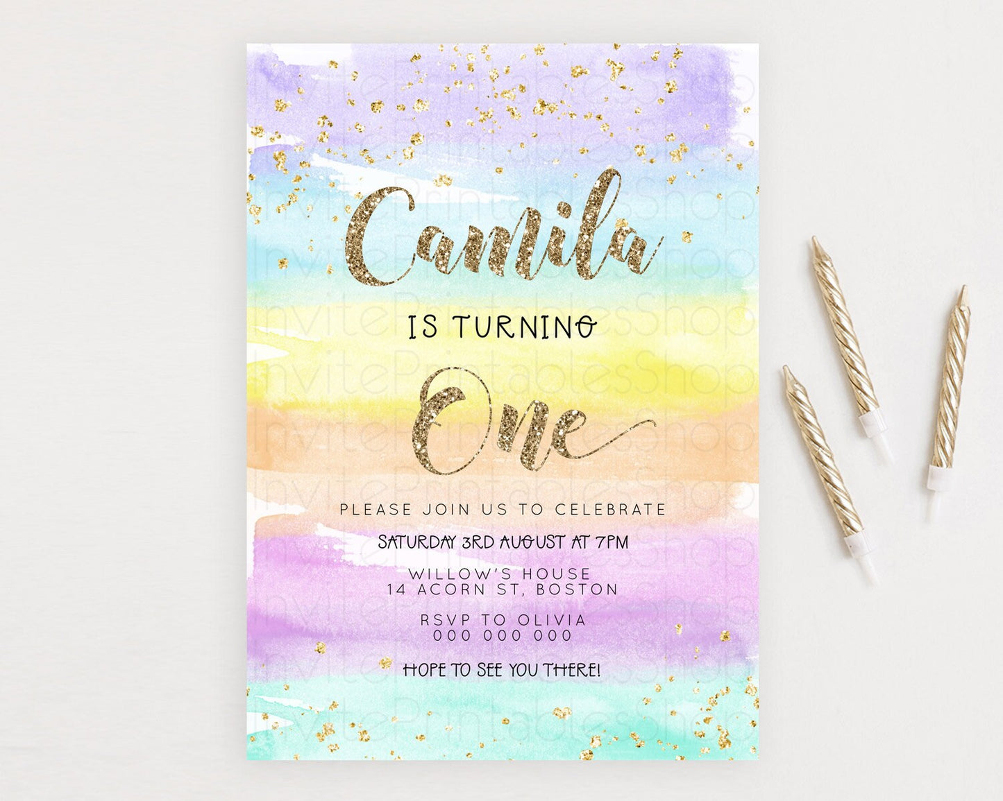 Rainbow Birthday Invitation Colorful Pastel Watercolor Invitation Gold Glitter Sprinkles Ombre Pastel 1st 2nd 3rd Birthday D23268