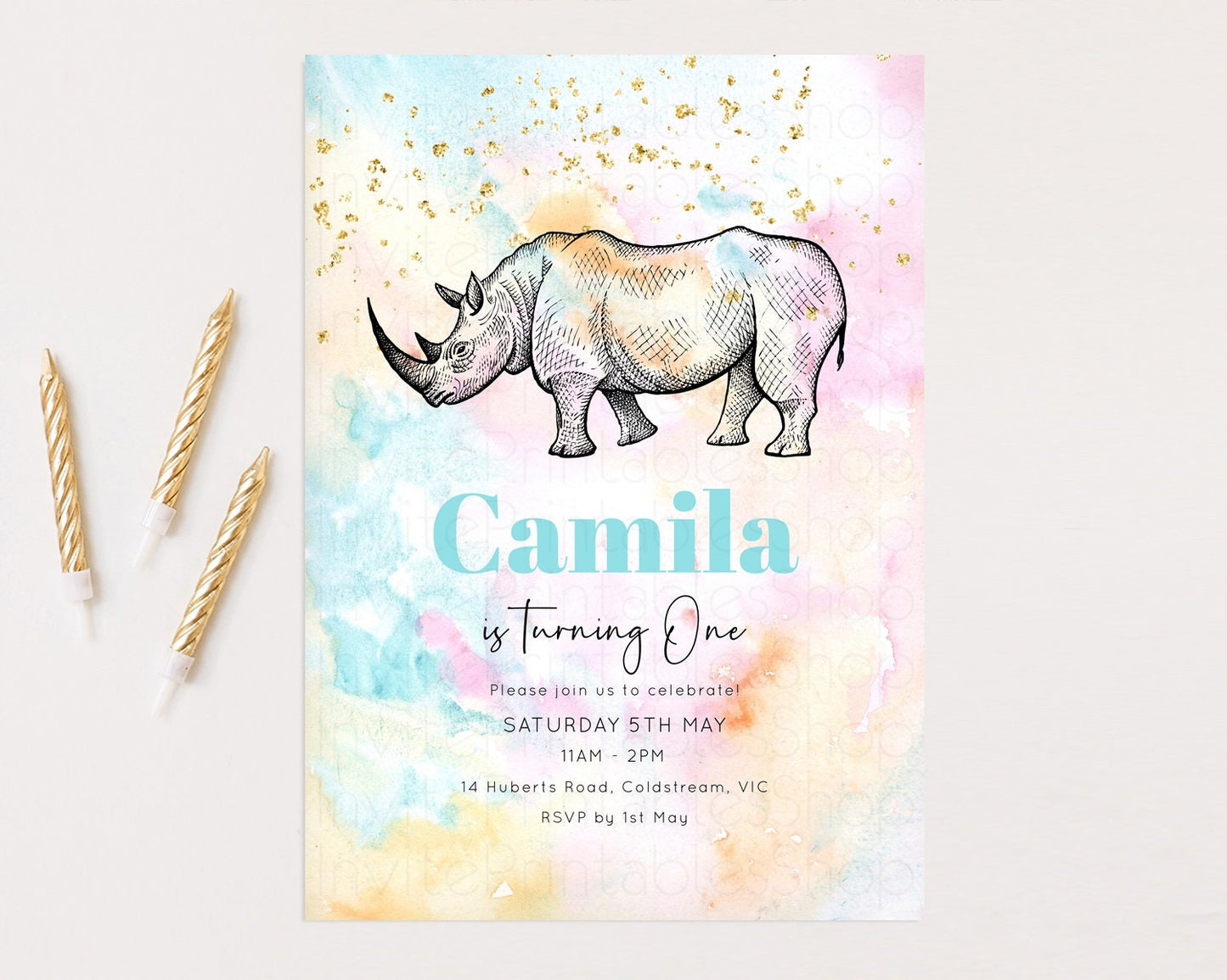 Pastel Rhinoceros Birthday Invitation Pastel Rhino Invite Rainbow Rhino Invitation Colorful Watercolor Invite Safari Zoo Glitter Invite W286