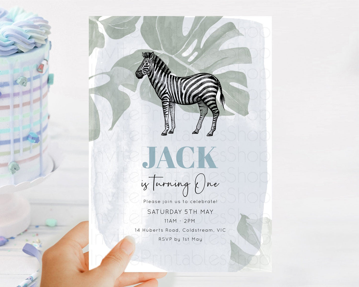 Zebra Birthday Invitation Zebra Invite Jungle Safari invite Watercolor Tropical Palm Invite Adventure Zoo Party Wild Animal Party D10814