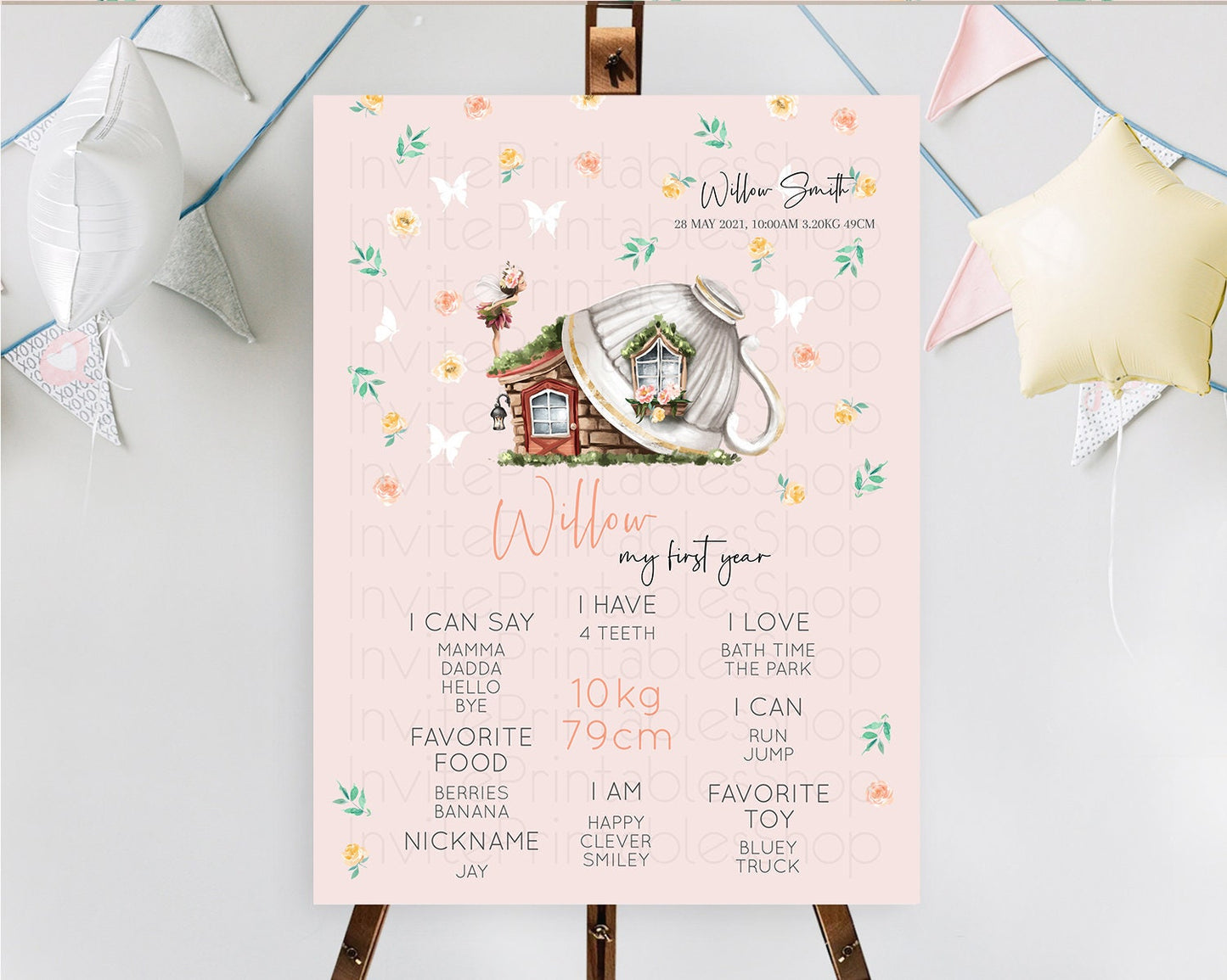 Fairy First Birthday Milestone Poster Fairy Secret Garden Milestone Board Enchanted Garden Pastel Floral Butterfly 1st Birthday Sign D10384