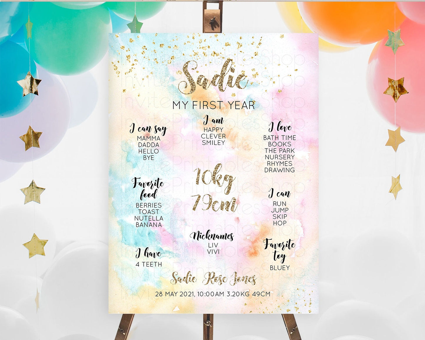 Pastel First Birthday Milestone Board Pastel Rainbow Milestone Poster Colorful Confetti Watercolor Glitter 1st Birthday Welcome Sign D10548
