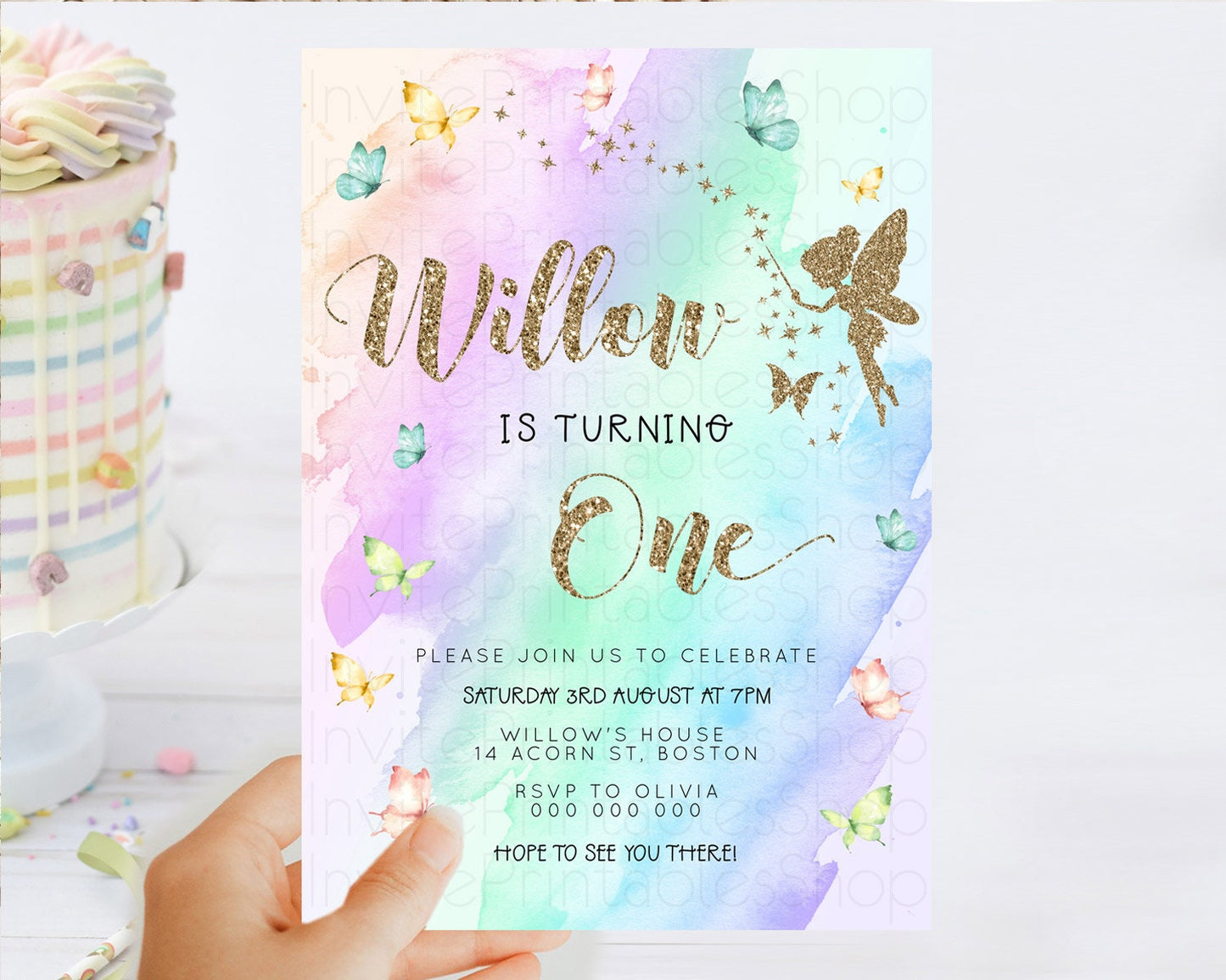 Pastel Fairy Birthday Invitation Pastel Butterflies Fairy Birthday Invitation Rainbow Ombre Watercolor 1st 2nd Birthday Invitation D23331